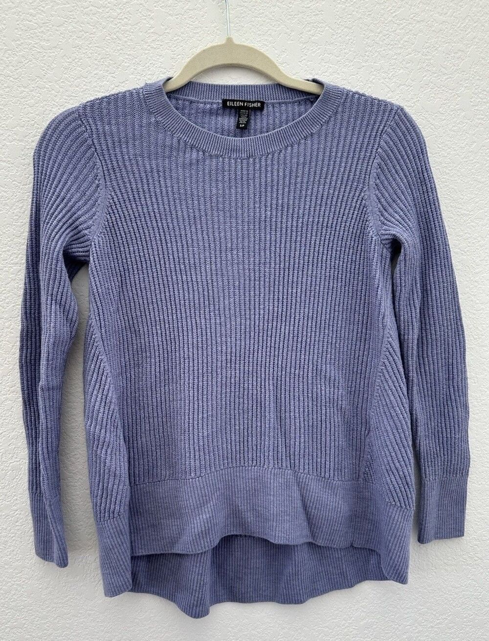 Eileen Fisher 100% Merino Wool Sweater Ribbed S Purple High Low Quiet Luxury